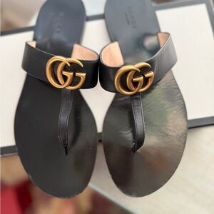 Gucci Black and Gold T-Strap Sandals